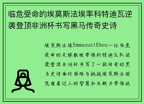 临危受命的埃莫斯法埃率科特迪瓦逆袭登顶非洲杯书写黑马传奇史诗